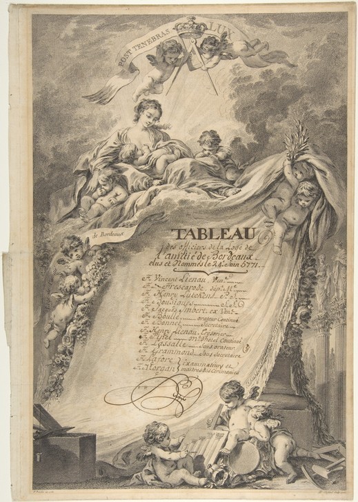 Francois Boucher, Diploma for the Freemasons of Bordeaux (Diplom, Freimaurer, Putten, Rokoko, Klassiker, Wunschgröße, Wohnzimmer, Treppenhaus, Grafik, schwarz/weiß)