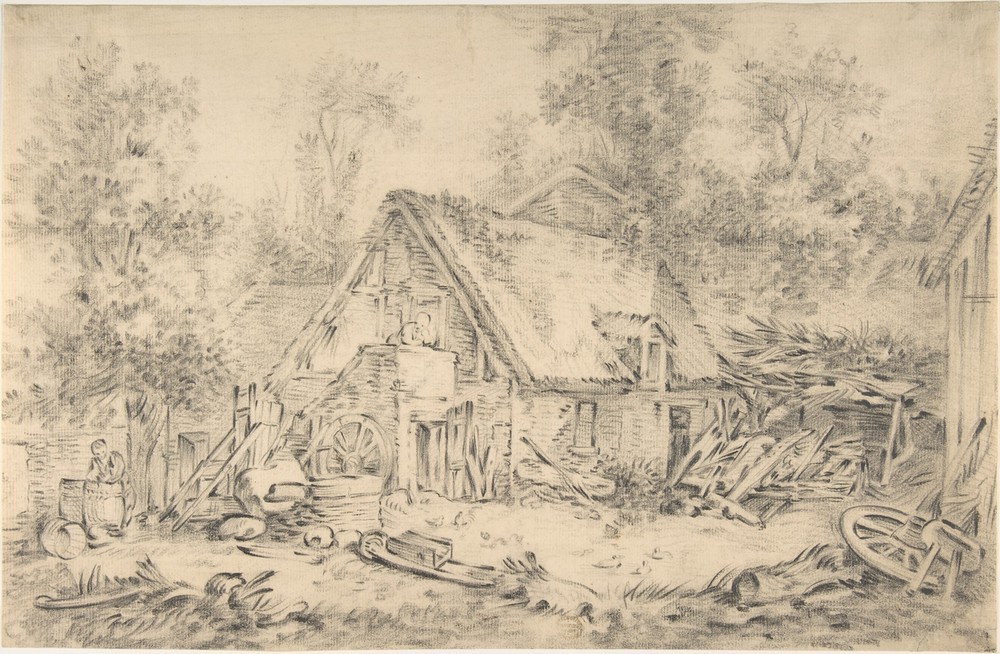 Francois Boucher, A Cottage (Bauernhof, Mühle, Armut, bäuerlich, Rokoko, Klassiker, Wunschgröße, Wohnzimmer, Treppenhaus, Grafik, schwarz/weiß)