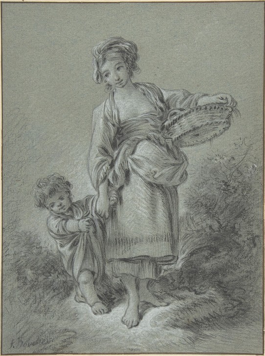 Francois Boucher, Woman and Boy (Frau, Korb, Kind, Bube, Rokoko, Klassiker, Wunschgröße, Wohnzimmer, Treppenhaus, Grafik, schwarz/weiß)