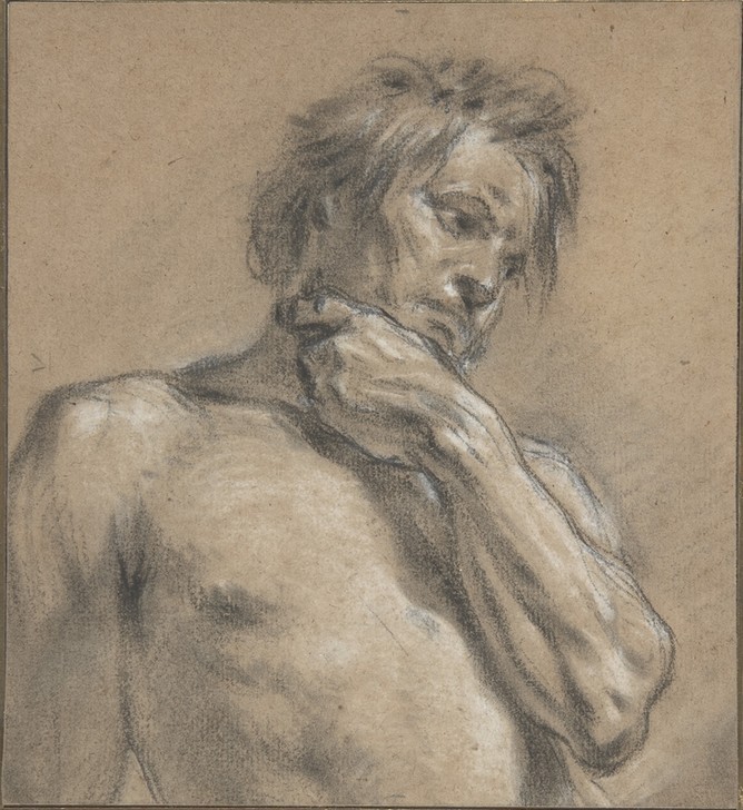 Francois Boucher, Half-Length Study of a Man (Studie, Oberkörper, Mann, muskulös, nachdenklich, Rokoko, Klassiker, Wunschgröße, Wohnzimmer, Treppenhaus, Zeichnung, schwarz/weiß)