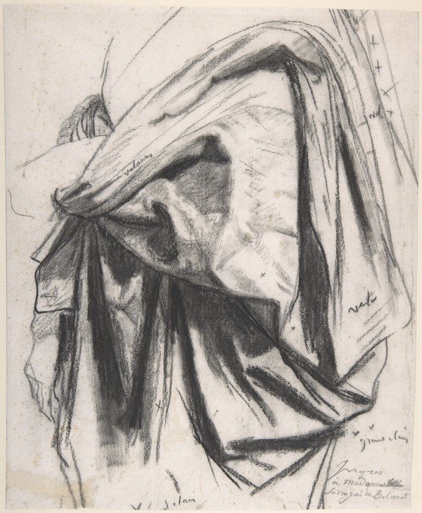 JEAN-AUGUSTE-DOMINIQUE INGRES, Study for the Drapery of Molière in the "Apotheosis of Homer" (Tuch, Umhang, Drapiert, Faltenwurf, Neoklassizismus, Studie, Zeichnung, Klassiker, Wohnzimmer, Treppenhaus, Wunschgröße, schwarz/weiß)