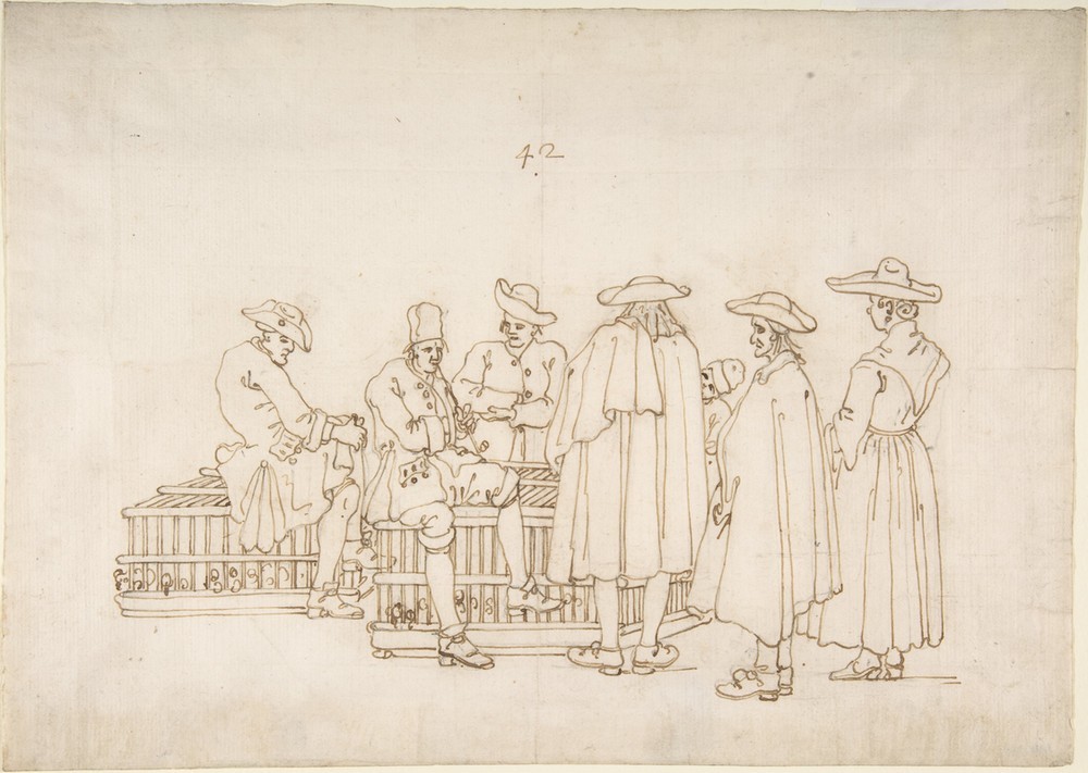 Bernardo Bellotto, A Group of Figures Surrounding Two Bird-coops (Vogelkäfige, Menschen,  Personen, Klassiker, Rokoko, Zeichnung, Studie, Mensch und Gesellschaft, Wunschgröße, Wohnzimmer, schwarz/weiß)