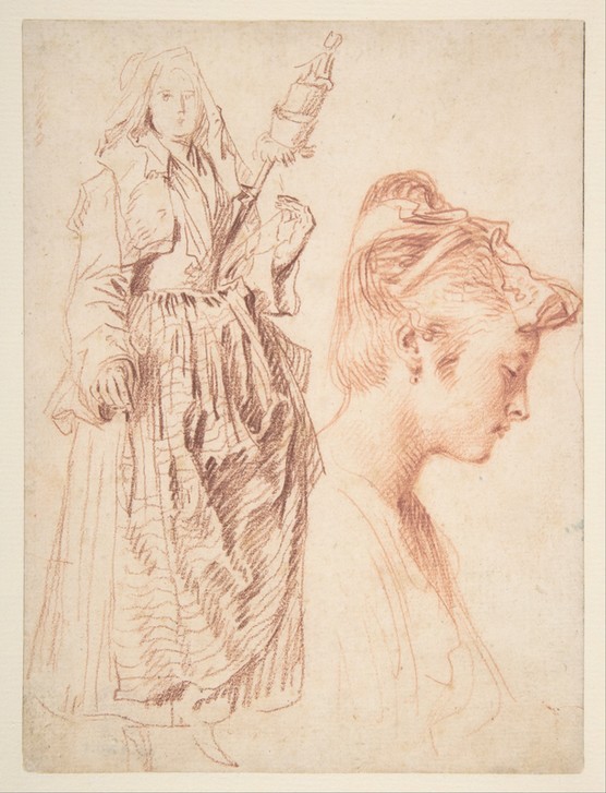 Jean-Antoine Watteau, Standing Woman Holding a Spindle, and Head of a Woman in Profile to Right (Zeichnung, Skizze, Klassiker,  Portrait, Profil, Frau, Spindel, Rokoko, Wohnzimmer, Schlafzimmer, Klassiker,  Wunschgröße)
