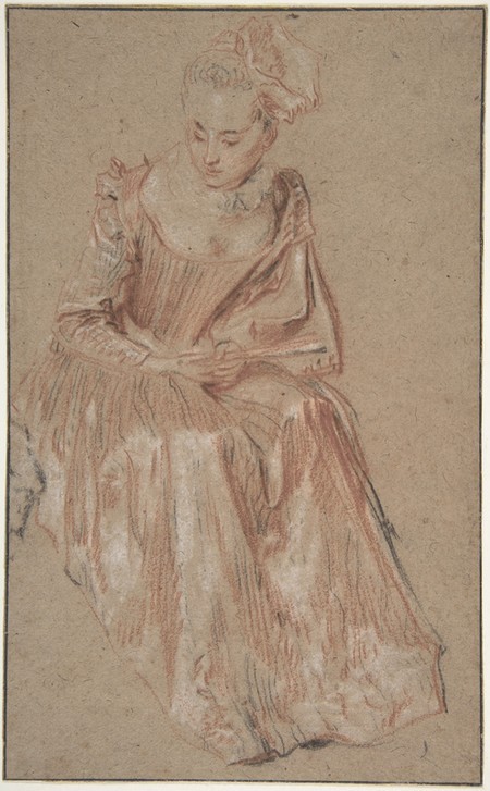Jean-Antoine Watteau, Seated Woman Holding a Fan (Zeichnung, Klassiker, sitzende Frau, Fächer, Mode, Rokoko, Wohnzimmer, Schlafzimmer, Wunschgröße)