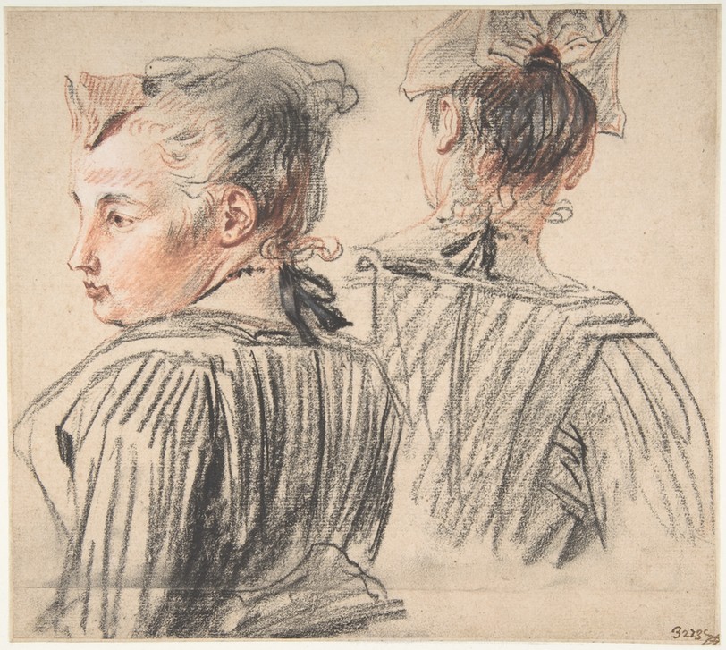 Jean-Antoine Watteau, Studies of a Woman Wearing a Cap (Zeichnung, Klassiker, Frau, Haube, Portrait, Profil, Rückenansicht, Mode, Rokoko, Wohnzimmer, Klassiker,  Wunschgröße)