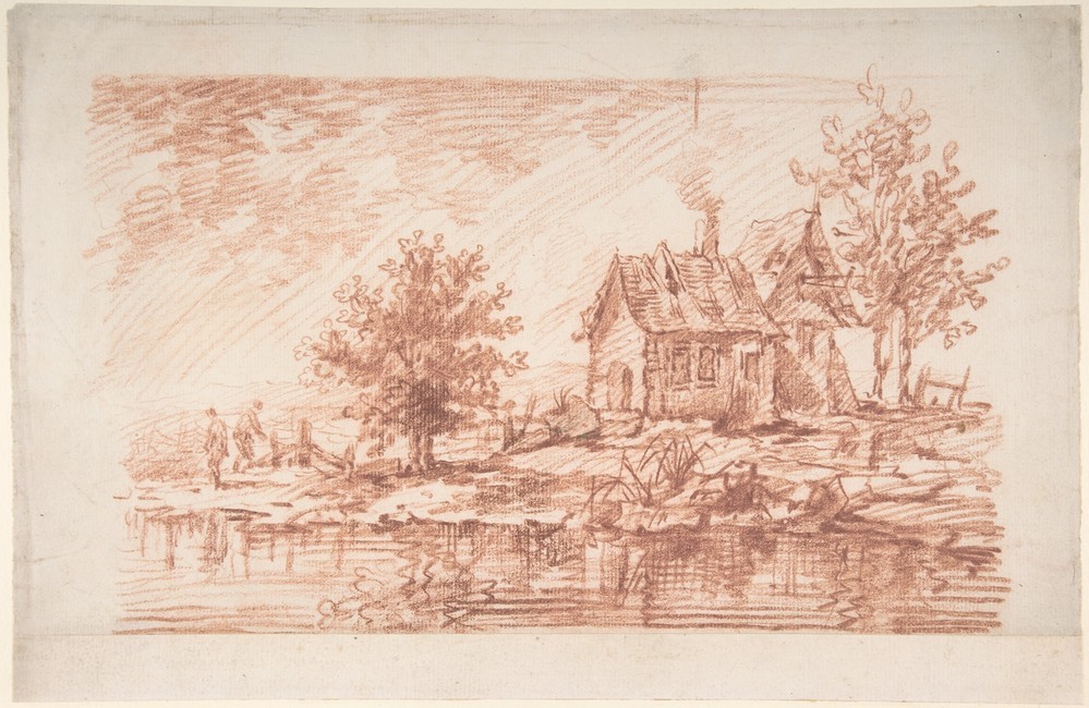 Jean-Antoine Watteau, Farm House along a River (Zeichnung, Klassiker,Ladschaft, Flusslandschaft, Bauernhaus,  Rokoko, Wohnzimmer, Treppenhaus Klassiker,  Wunschgröße)