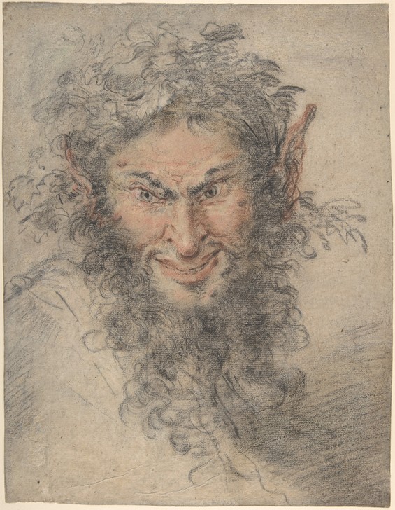 Jean-Antoine Watteau, Head of a Satyr (Zeichnung, Klassiker, Portrait, Gesicht, Mythologie, Satyr, spitze Ohren, Bart, Rokoko, Wohnzimmer, Treppenhaus, Klassiker,  Wunschgröße)