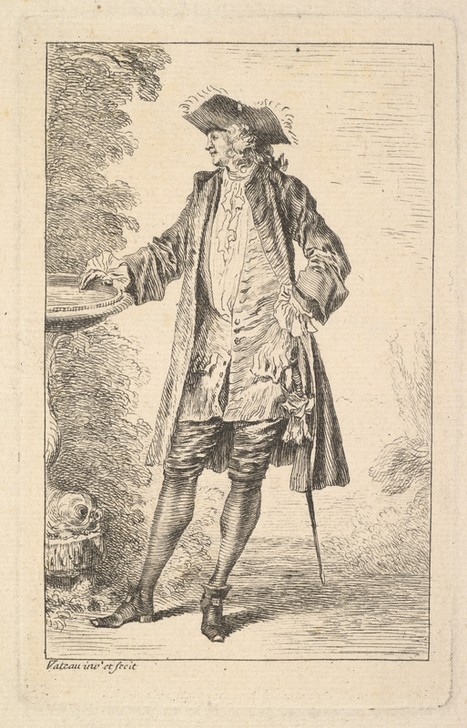 Jean-Antoine Watteau, Standing man with his right hand resting on a basin (Zeichnung, Klassiker,  Mann, Uniform, Degen, Eleganz, Aristokratie, Mode, Wasserbecken, Rokoko, Wohnzimmer, Klassiker, Wunschgröße, schwarz/weiß)