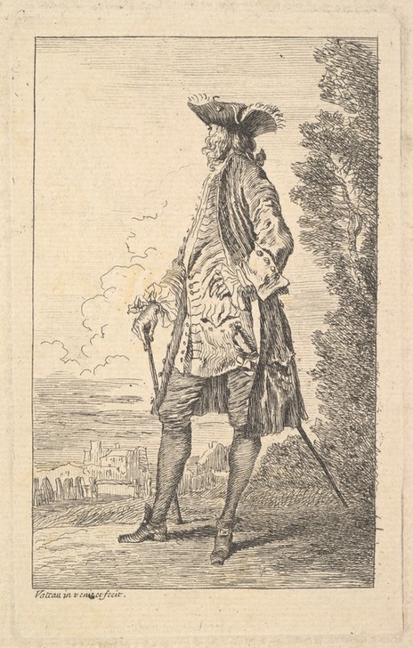Jean-Antoine Watteau, Man walking and carrying a cane in his right hand (Zeichnung, Klassiker, Mann, Uniform, Degen, Eleganz, Aristokratie, Mode, Landschaft, Rokoko, Wohnzimmer,   Klassiker, Wunschgröße, schwarz/weiß)