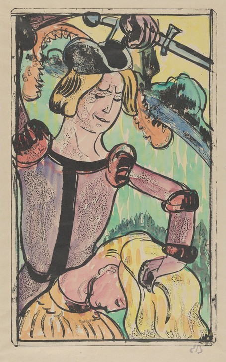 Émile Bernard, He Takes Her By Her Long Beautiful Hair (The Unfaithful Wife) (Frau, Gewalt, Enthauptung, Schwert, Zeichnung, Cloisonismus, Klassische Moderne,  Wohnzimmer, Wunschgröße, bunt)