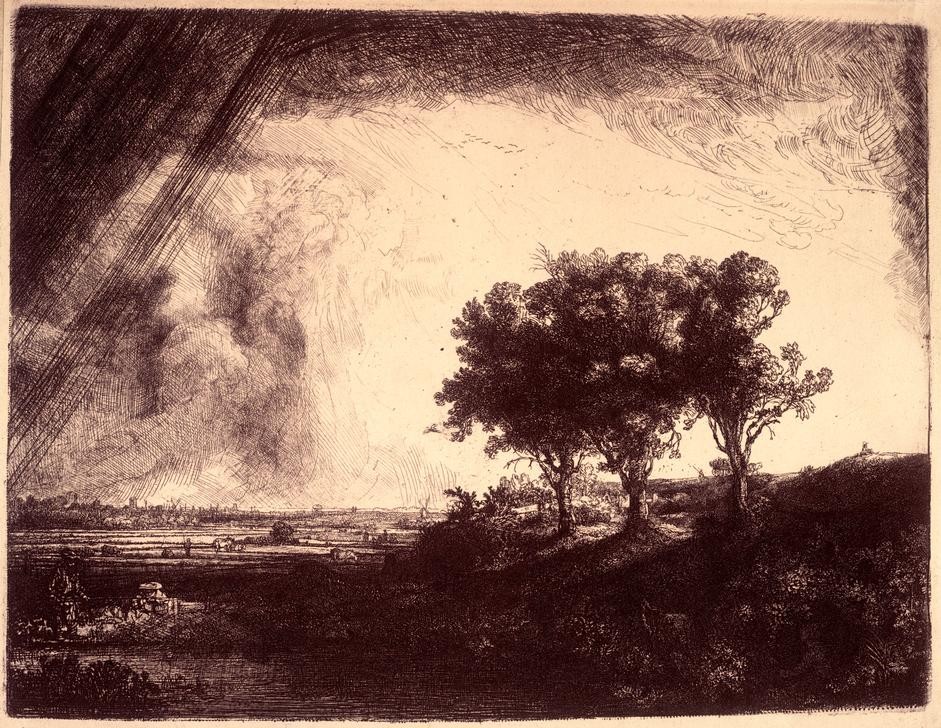 Rembrandt Harmenszoon van Rijn, Die Landschaft mit den drei Bäumen (Botanik,Landschaft,Barock,Baum,Niederländische Kunst)