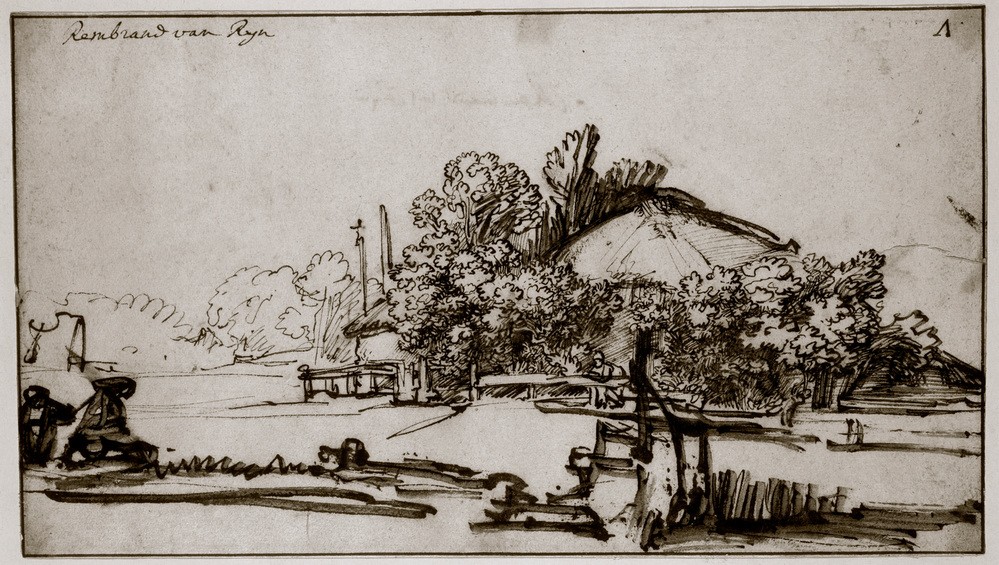 Rembrandt Harmenszoon van Rijn, Bauernhaus unter Bäumen (Bauernhaus,Landschaft,Barock,Niederländische Kunst)