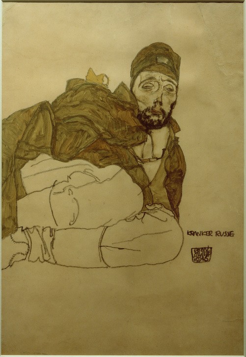 Egon Schiele, Kranker Russe (Geschichte,Kopfbedeckung,Krankheit,Krieg,Kriegsgefangene,Mann,Soldat,Portrait,Österreichische Kunst,Erster Weltkrieg,Mütze)