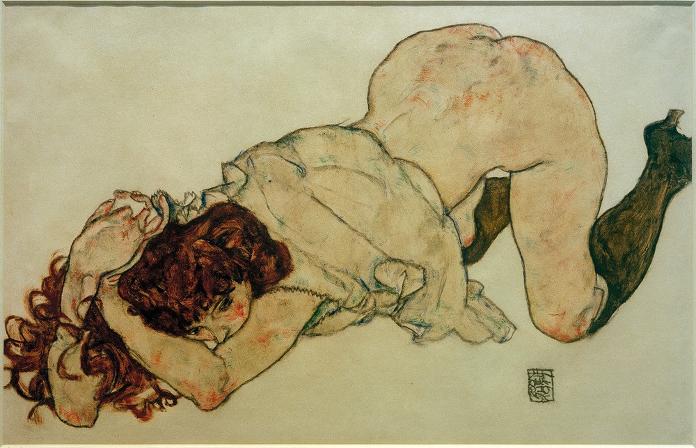 Egon Schiele, Kniendes Mädchen, auf beide Ellenbogen gestützt (Erotik,Frau,Kunst,Akt,Po (Gesäss),Expressionismus,Österreichische Kunst,Erotische Kunst,Halbakt,Entblössung,Knien,Kauern,Ganzfigurig)