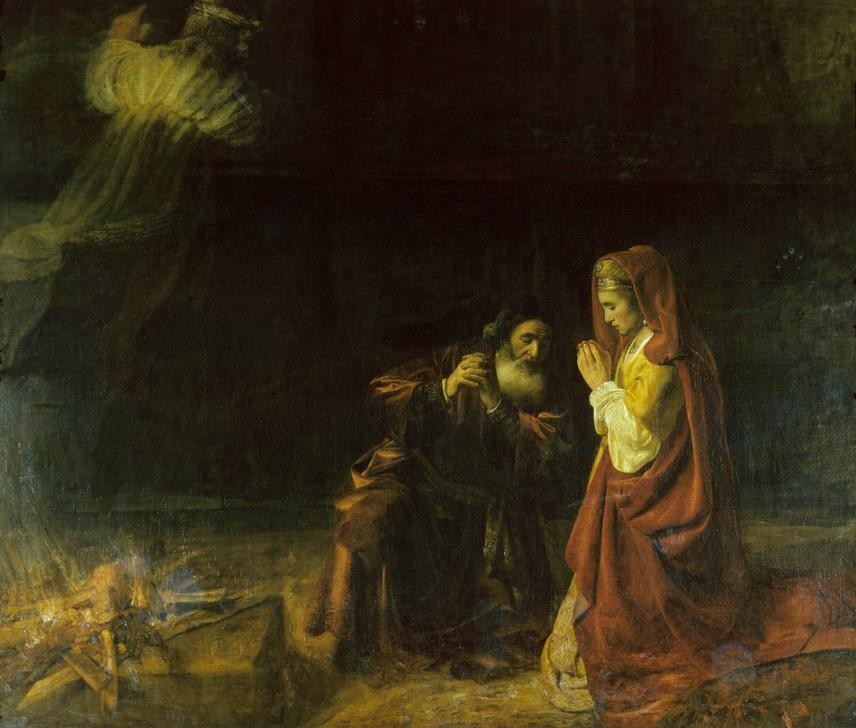 Rembrandt Harmenszoon van Rijn, Das Opfer Manoahs (Ehepaar,Engel,Gebet,Barock,Altes Testament,Bibel,Niederländische Kunst,Holländische Kunst,Tieropfer,Jüdisch-Christlich,Opfer (Religion))