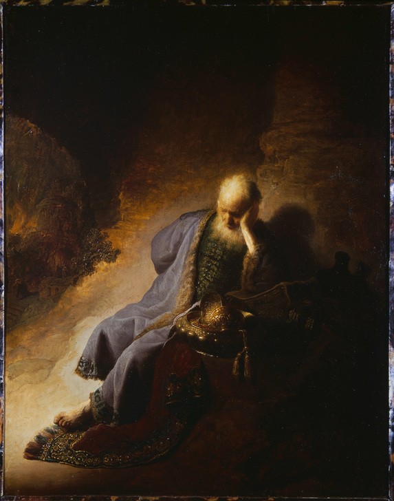 Rembrandt Harmenszoon van Rijn, Jeremias, über die Zerstörung Jerusalems trauernd (Mann,Religion,Zerstörung,Trauer,Barock,Erschöpfung,Altes Testament,Bibel,Prophet,Einsamkeit,Niederländische Kunst,Holländische Kunst,Klage,Enttäuschung,Zerstörung Jerusalems,Jeremias Klage,Ratlosigkeit,Jüdisch-Christlich)