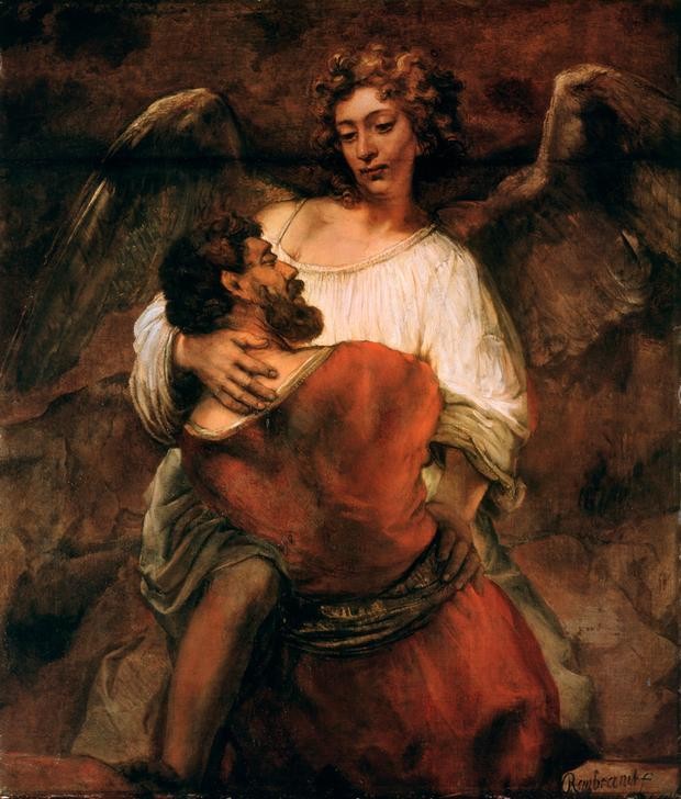 Rembrandt Harmenszoon van Rijn, Jakobs Kampf mit dem Engel (Engel,Religion,Barock,Altes Testament,Bibel,Niederländische Kunst,Jakob Ringt Mit Engel,Kampf,Jüdisch-Christlich)