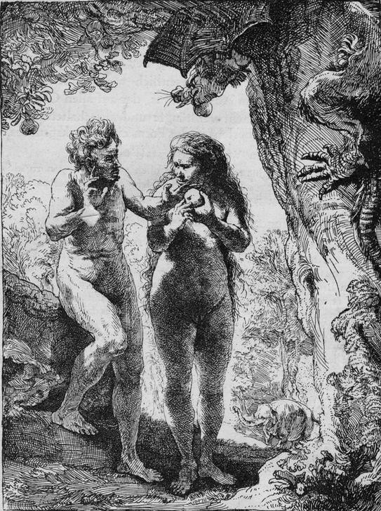 Rembrandt Harmenszoon van Rijn, Adam und Eva (Barock,Altes Testament,Akt,Sündenfall,Bibel,Paradies,Baum Der Erkenntnis,Niederländische Kunst,Holländische Kunst,Genesis,Jüdisch-Christlich)