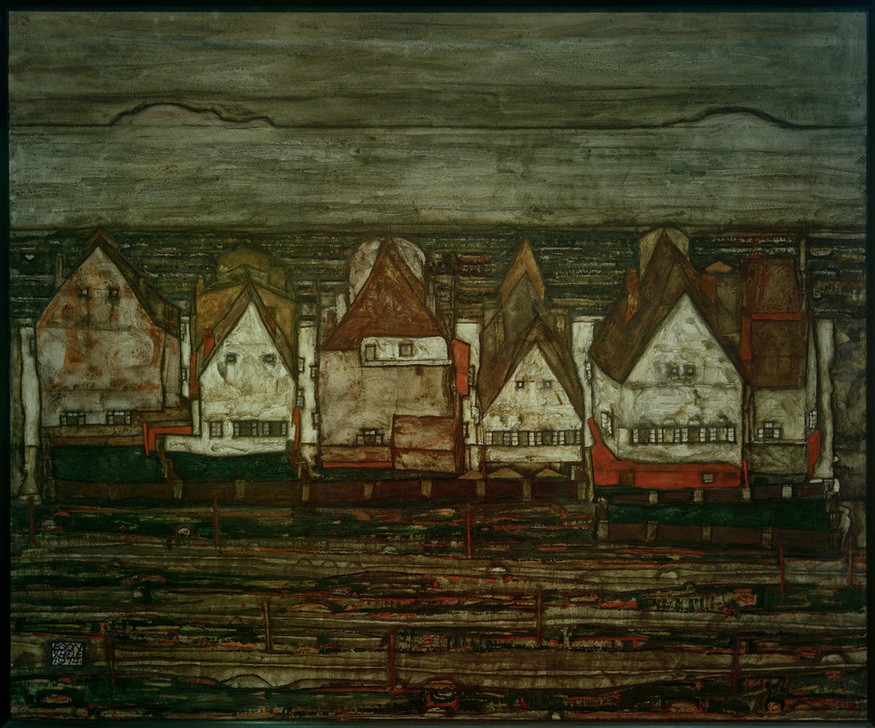 Egon Schiele, Die Häuser am Meer (Häuserreihe) (Architektur,Haus,Küste,Kunst,Landschaft,Wohnhaus (Allgemein),Meer,Expressionismus,Architekturdarstellung,Österreichische Kunst,Häuserzeile)
