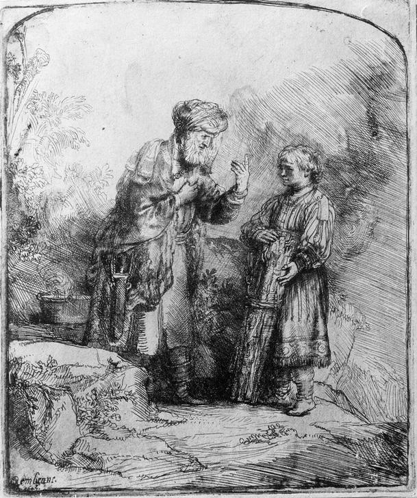 Rembrandt Harmenszoon van Rijn, Abraham und Isaak (Vater Und Sohn,Barock,Altes Testament,Bibel,Niederländische Kunst,Opferung Isaaks,Holländische Kunst,Jüdisch-Christlich,Opfer (Religion),Unterhaltung (Gespräch))