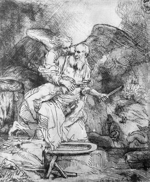 Rembrandt Harmenszoon van Rijn, Isaaks Opferung (Engel,Barock,Menschenopfer,Altes Testament,Bibel,Niederländische Kunst,Opferung Isaaks,Jüdisch-Christlich,Opfer (Religion))