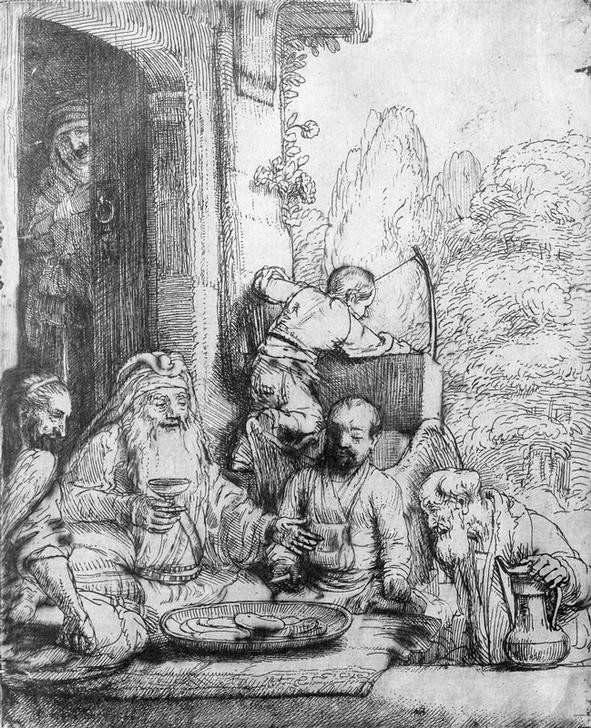 Rembrandt Harmenszoon van Rijn, Abraham bewirtet die drei Engel (Engel,Essen Und Trinken,Tafelsitten,Barock,Altes Testament,Bibel,Drei Engel Bei Abraham,Niederländische Kunst,Gastfreundschaft,Holländische Kunst,Jüdisch-Christlich,Essen (Nahrung))