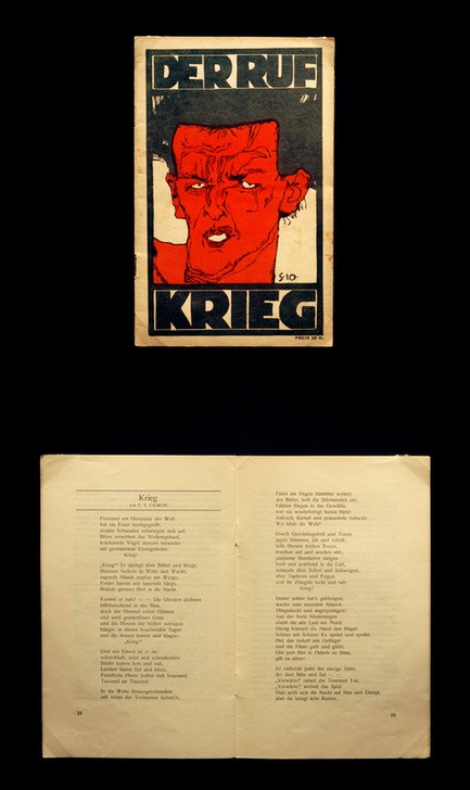 Egon Schiele, Der Ruf. Ein Flugblatt an junge Menschen (Grafiker,Krieg,Künstler,Kunst,Maler (Künstler),Mann,Publizistik,Selbstbildnis,Zeitschrift,Portrait,Expressionismus,Österreichische Kunst,Titelseite,Typographie,Kopf,Erster Weltkrieg,Person,Schrift)