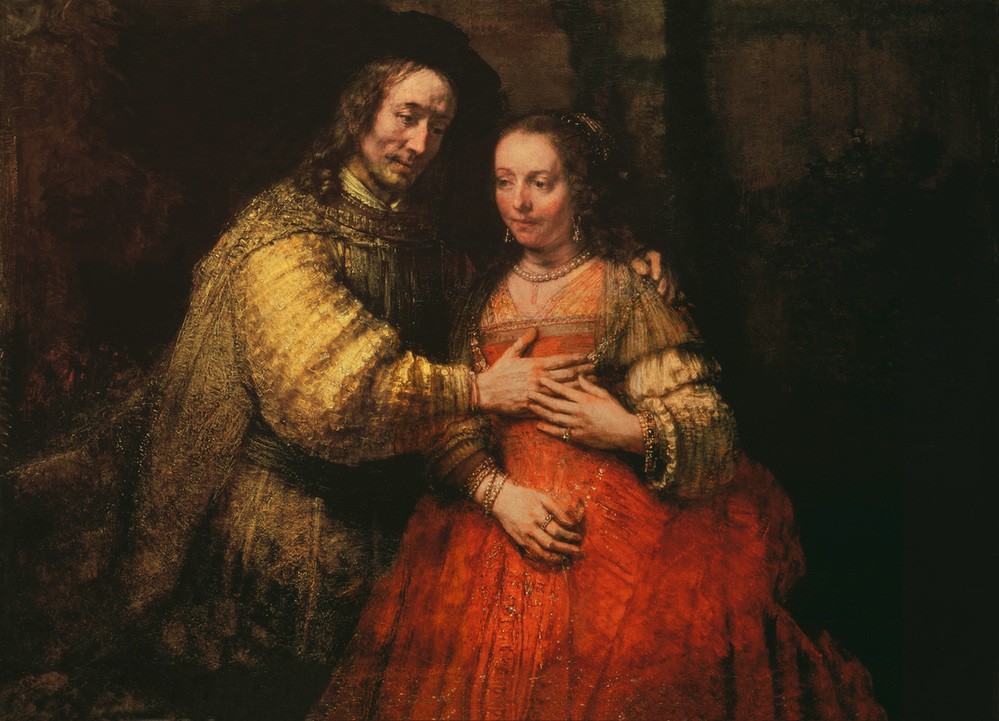 Rembrandt Harmenszoon van Rijn, Isaak und Rebekka (Ehepaar,Erotik,Liebe Und Ehe,Liebespaar,Barock,Altes Testament,Bibel,Helldunkel,Niederländische Kunst,Holländische Kunst,Paar,Brust,Zärtlichkeit,Jüdisch-Christlich)