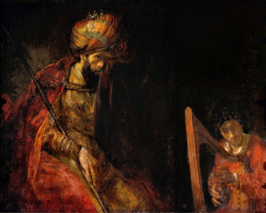 Rembrandt Harmenszoon van Rijn, David und Saul (Harfe,König,Konzert,Musik,Religion,Barock,Instrument,Altes Testament,Bibel,Depression,Weinen,Niederländische Kunst,Holländische Kunst,Harfenist,Schwermut,Jüdisch-Christlich)