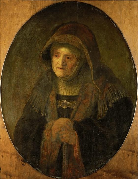 Rembrandt Harmenszoon van Rijn, Die Mutter des Künstlers als Prophetin Hanna (Frau,Mode,Volkskunde,Alter,Barock,Altes Testament,Bibel,Portrait,Mutter Von Berühmten,Mutter,Prophet,Schultertuch,Niederländische Kunst,Physiognomik,Prophetin,Kleidung (Allgemein),Alte Frau,Weisheit,Fransen,Brustbild,Oval,Gesichtsform,Jüdisch-Christlich,L)