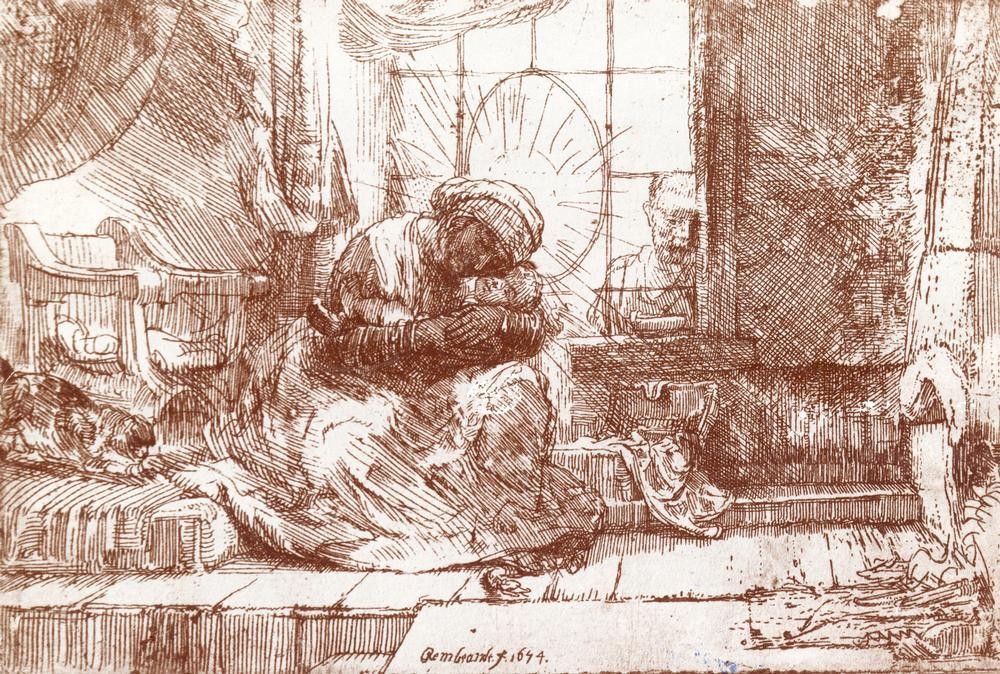 Rembrandt Harmenszoon van Rijn, Die heilige Familie mit der Katze (Christentum,Religion,Barock,Heilige Familie,Neues Testament,Bibel,Niederländische Kunst,Holländische Kunst,Kindheit Jesu)