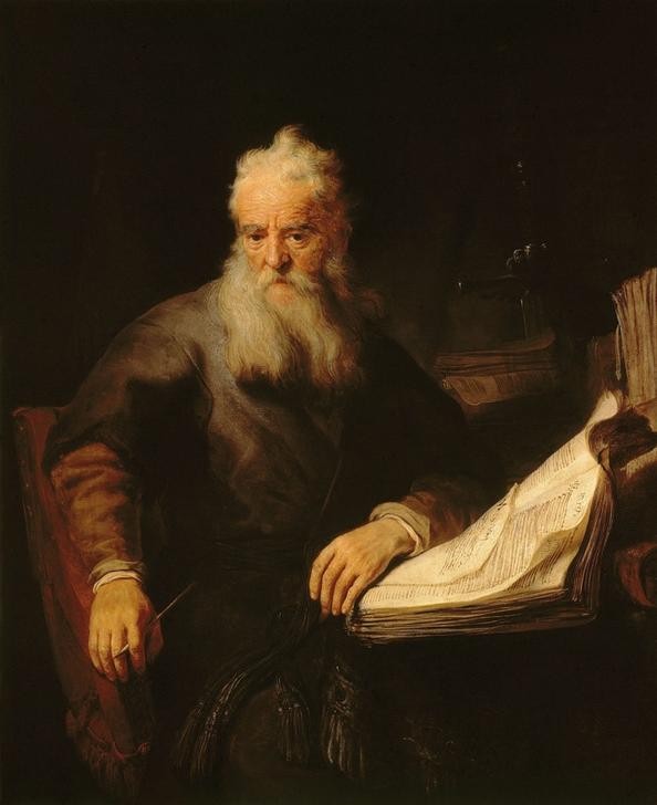 Rembrandt Harmenszoon van Rijn, Der Apostel Paulus (Buch,Christentum,Geschichte,Handschrift,Mann,Religion,Alter,Bart,Barock,Neues Testament,Bibel,Apostel,Portrait,Greis,Nachdenken,Apostelgeschichte,Schreibfeder,Niederländische Kunst,Holländische Kunst,Vollbart,Schreiben,Sitzen,Weisheit,Weisse Haare,Kniestü)