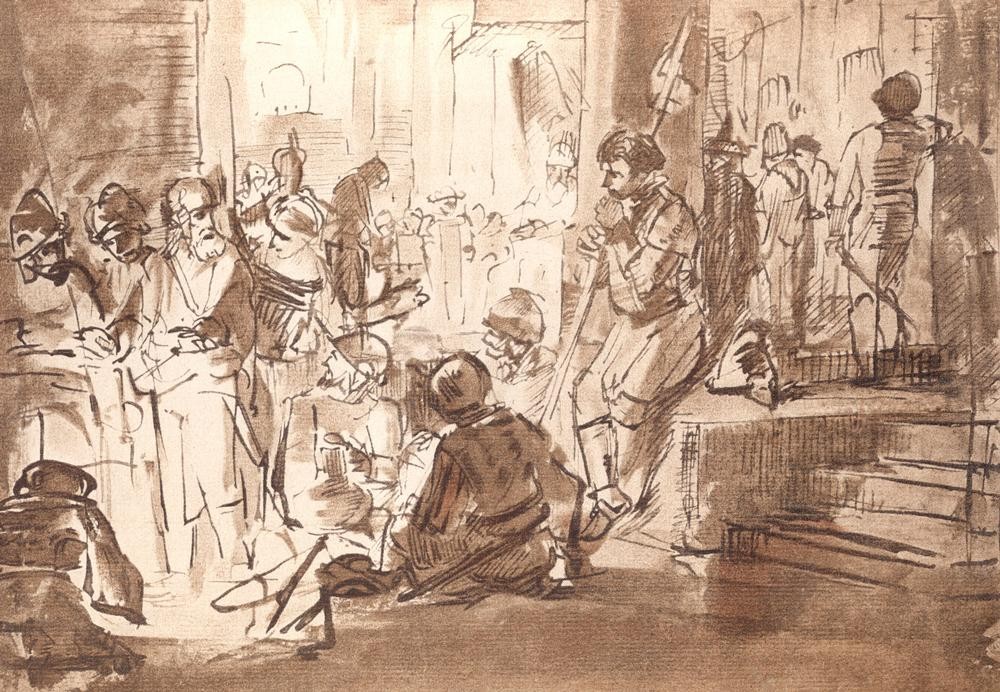 Rembrandt Harmenszoon van Rijn, Die Verleugnung Petri (Christentum,Laster,Religion,Barock,Neues Testament,Bibel,Niederländische Kunst,Petri Verleugnung,Feigheit,Verleugnung)