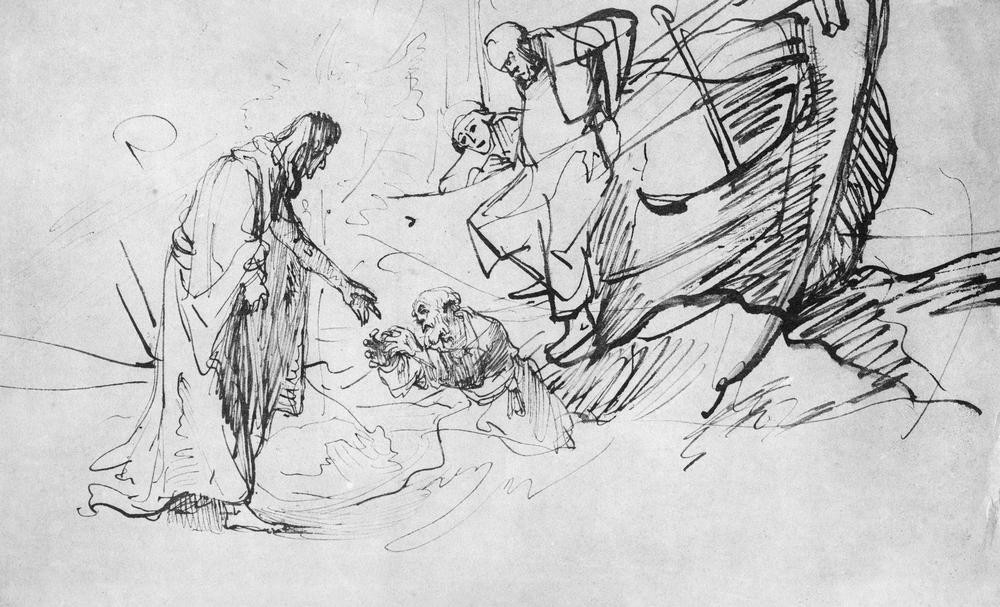 Rembrandt Harmenszoon van Rijn, Christus wandelt auf dem Meer (Christentum,Religion,Meer,Barock,Neues Testament,Bibel,Wunder,Niederländische Kunst,Christus Wandelt Auf Dem Meer,Holländische Kunst,Ertrinken,Lebensgefahr)
