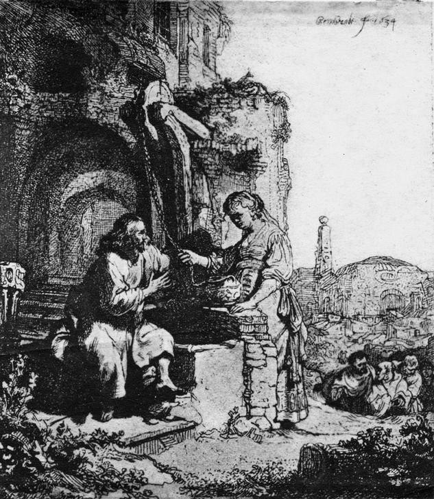 Rembrandt Harmenszoon van Rijn, Christus und die Samariterin (Christentum,Frau,Religion,Brunnen,Barock,Samariterin,Neues Testament,Bibel,Ziehbrunnen,Niederländische Kunst,Unterhaltung (Gespräch))