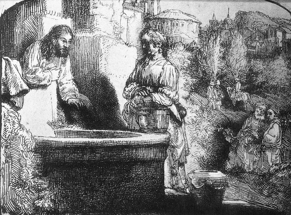 Rembrandt Harmenszoon van Rijn, Christus und die Samariterin (Christentum,Frau,Religion,Brunnen,Barock,Samariterin,Neues Testament,Bibel,Ziehbrunnen,Niederländische Kunst,Unterhaltung (Gespräch))
