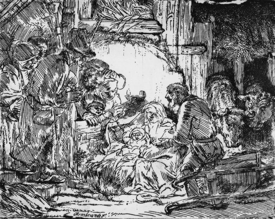 Rembrandt Harmenszoon van Rijn, Die Anbetung der Hirten mit der Lampe (Christentum,Religion,Hirte,Barock,Neues Testament,Bibel,Christi Geburt,Anbetung Der Hirten,Niederländische Kunst,Holländische Kunst,Anbetung (Allgemein))