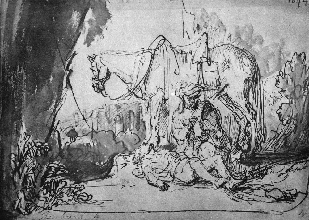 Rembrandt Harmenszoon van Rijn, Der barmherzige Samariter (Christentum,Erste Hilfe,Pferd (Tier),Religion,Barock,Neues Testament,Bibel,Gleichnis,Barmherziger Samariter,Niederländische Kunst,Nächstenliebe,Mitleid,Hilfeleistung,Lukasevangelium,Barmherzigkeit,Altruismus,Samariter)