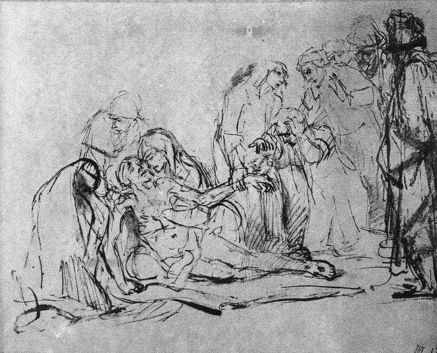 Rembrandt Harmenszoon van Rijn, Die Beweinung Christi (Christentum,Religion,Trauer,Barock,Neues Testament,Bibel,Weinen,Christi Beweinung,Niederländische Kunst,Passion Christi)