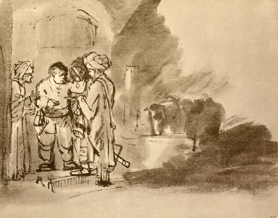 Rembrandt Harmenszoon van Rijn, Der barmherzige Samariter am Eingang des Wirtshauses (Christentum,Erste Hilfe,Gasthaus,Herberge,Religion,Barock,Neues Testament,Bibel,Gleichnis,Barmherziger Samariter,Niederländische Kunst,Nächstenliebe,Mitleid,Holländische Kunst,Hilfeleistung,Lukasevangelium,Barmherzigkeit,Altruismus,Samariter)