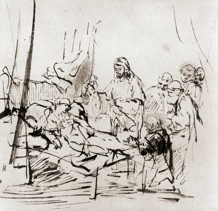 Rembrandt Harmenszoon van Rijn, Die Auferweckung der Tochter des Jairus (Christentum,Religion,Barock,Neues Testament,Bibel,Totenerweckung,Wunder,Auferweckung Der Tochter Jairi,Niederländische Kunst)