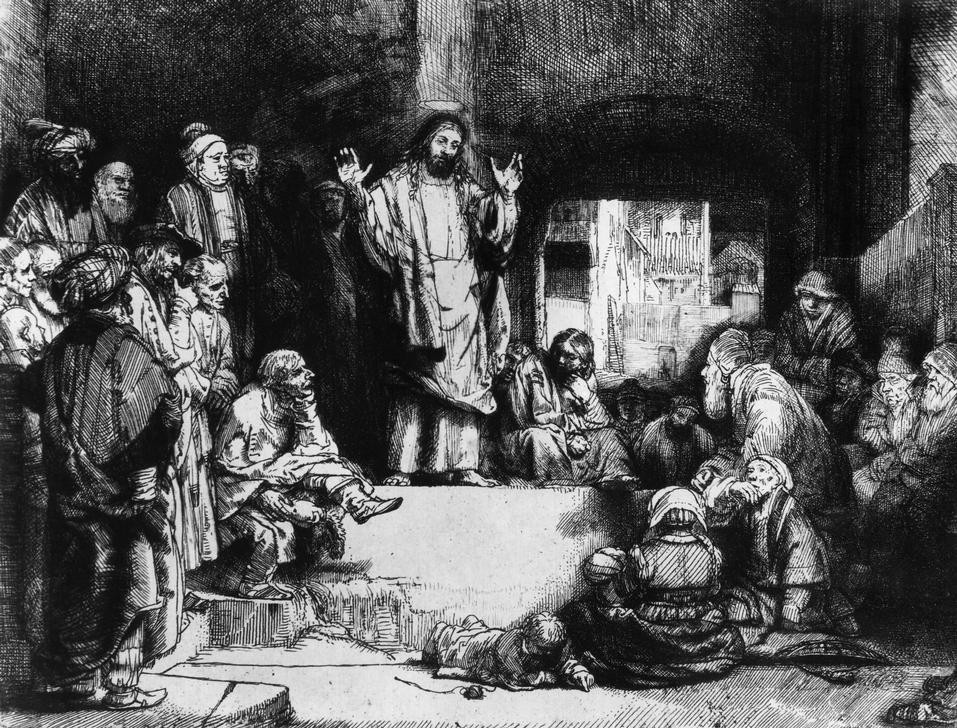 Rembrandt Harmenszoon van Rijn, Christus lehrend (Christentum,Religion,Barock,Neues Testament,Bibel,Lehrer,Predigt,Niederländische Kunst,Holländische Kunst,Intellektueller,Zuhören,Leben Jesu,Frühreife,Zuhörer,Jugendlicher)