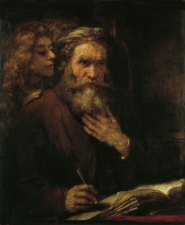 Rembrandt Harmenszoon van Rijn, Der Evangelist Matthäus (Christentum,Engel,Mann,Religion,Alter,Barock,Evangelist,Neues Testament,Bibel,Hand,Portrait,Inspiration,Flüstern,Niederländische Kunst,Holländische Kunst,Schreiben,Weisheit,Halbfigur,Ins Ohr Flüstern)