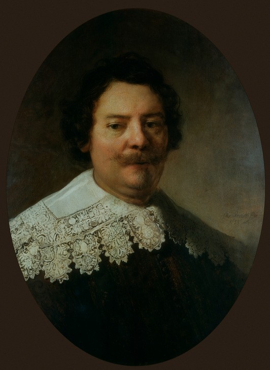 Rembrandt Harmenszoon van Rijn, Bildnis des Willem Burggraeff (Bäcker,Weinhändler,Herrenmode,Mann,Mode,Bart,Barock,Schnurrbart,Portrait,Bürgertum,Niederländische Kunst,Spitzenkragen,Doppelkinn,Händler,Kragen,Kinnbart,Brustbild,Oval,Gewerbe)