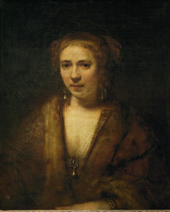 Rembrandt Harmenszoon van Rijn, Bildnis der Hendrickje Stoffels (Frau,Schmuck,Ohrring,Perle,Barock,Portrait,Künstlerfrau,Niederländische Kunst,Holländische Kunst,Brustbild)
