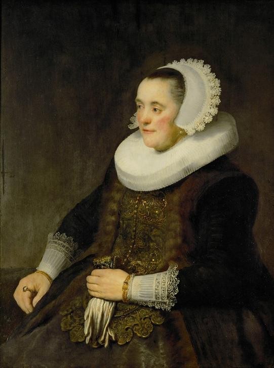 Rembrandt Harmenszoon van Rijn, Weibliches Bildnis (Frau,Gold,Handschuh,Ring,Schmuck,Ohrring,Perle,Barock,Hand,Spitzen,Portrait,Bürgertum,Haube,Halskrause,Niederländische Kunst,Paar,Fingerring,Kleidung (Allgemein),Rüschen,Teint,Armband,Brokat,Rote Backen,Patrizierin,Pelzbesatz,Ungeschminkt,Halbfigur,Spitze)