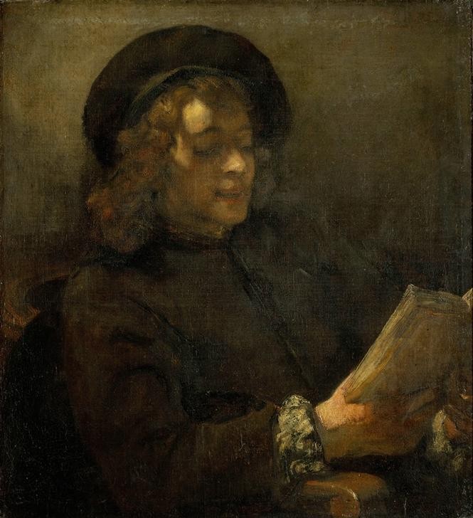 Rembrandt Harmenszoon van Rijn, Titus van Rijn, der Sohn des Künstlers, lesend (Buch,Jugend (Lebensalter),Leser,Mode,Schönheit,Barock,Portrait,Lesen (Allgemein),Jüngling,Niederländische Kunst,Barett,Kleidung (Allgemein),Langes Haar,Sohn Von Berühmten,Locke,Halbfigur)