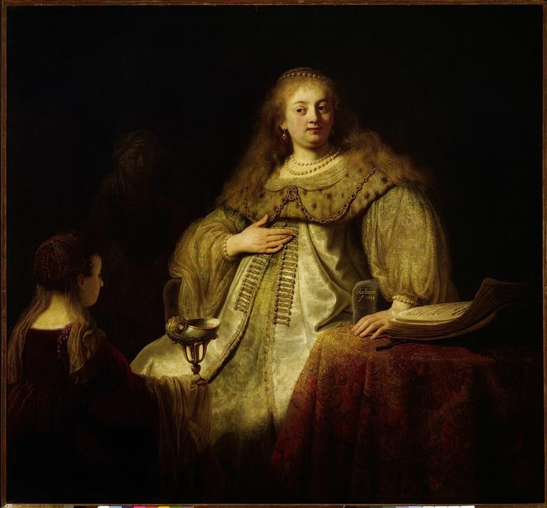 Rembrandt Harmenszoon van Rijn, Sophonisbe empfängt den Giftbecher auf Befehl ihres Gatten (Frau,Geschichte,Schmuck,Selbstmord,Ohrring,Perle,Barock,Hand,Heldin,Gattenmord,Gift,Punischer Krieg,Letzter,Letzte,Letztes,Nautilusmuschel,Niederländische Kunst,Prunkgewand,Dienerin,Getränk,Langes Haar,Letzter Augenblick,Vollschlank,Becher,Vergiftung)