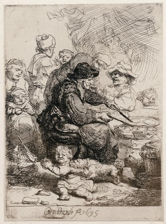 Rembrandt Harmenszoon van Rijn, Die Pfannkuchenbäckerin (Frau,Volkskunde,Barock,Nahrungsmittel,Kochen,Backen,Niederländische Kunst,Köchin,Frauenleben,Pfannkuchen,Gebäck,Sitzen,Bäckerin,Bratpfanne,Kochstelle,Land Und Leute)