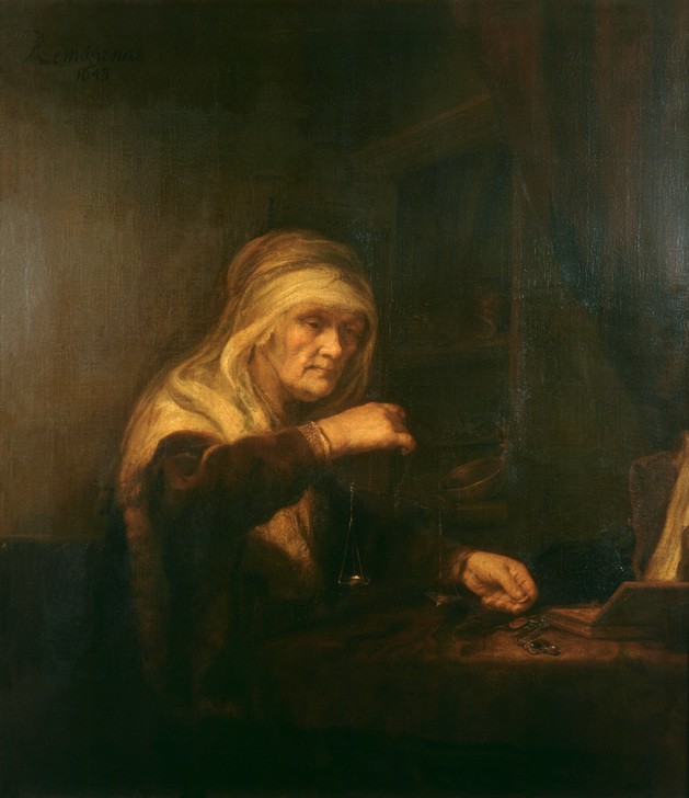 Rembrandt Harmenszoon van Rijn, Die Goldwägerin (Beruf,Finanzwesen,Frau Und Beruf,Frau,Geld,Gold,Waage (Gerät),Alter,Barock,Portrait,Niederländische Kunst,Alte Frau,Geldverkehr,Pendelwaage,Goldwägerin,Kopftuch)